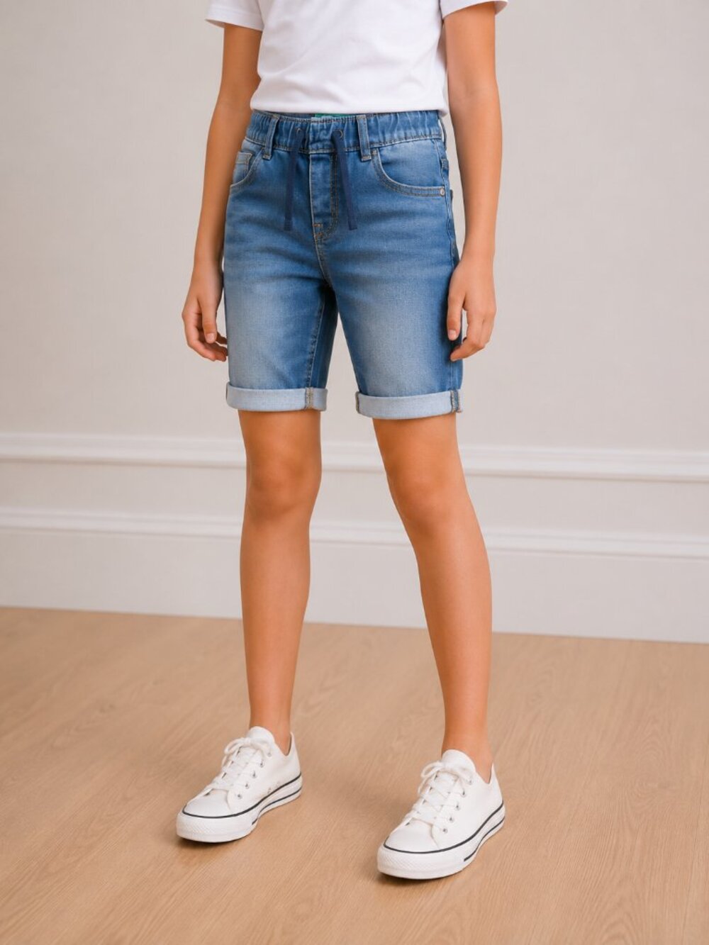 Girls Denim Shorts with Folded Hem • Size 8 • Stretch Jean Shorts